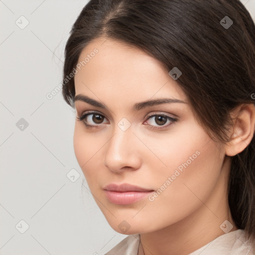 Neutral white young-adult female with medium  brown hair and brown eyes