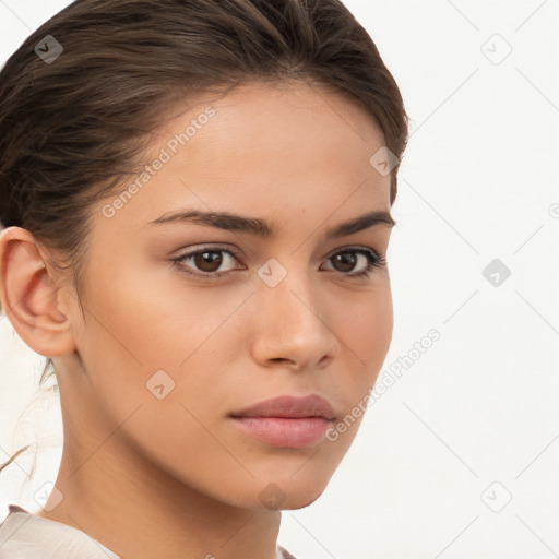 Neutral white young-adult female with short  brown hair and brown eyes