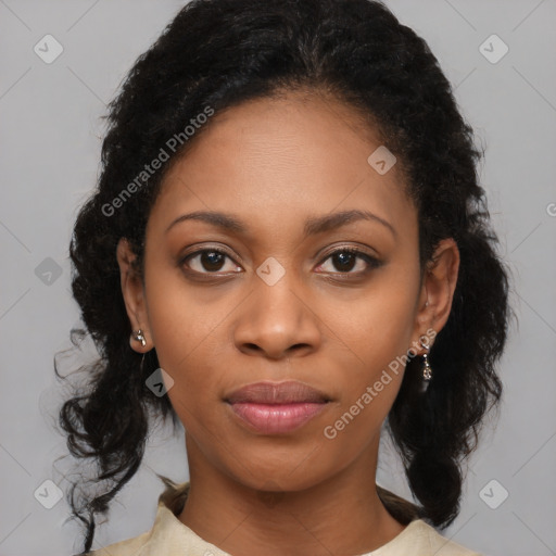 Joyful black young-adult female with medium  black hair and brown eyes