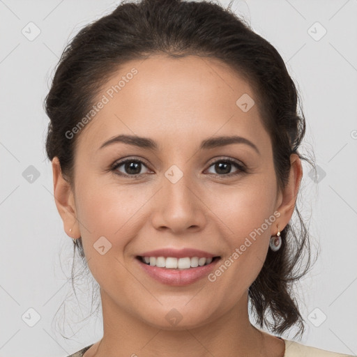 Joyful white young-adult female with medium  brown hair and brown eyes