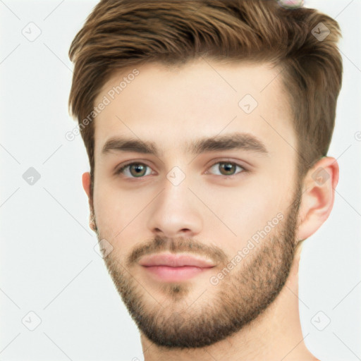 Neutral white young-adult male with short  brown hair and brown eyes