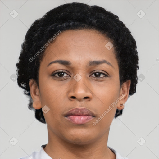 Neutral latino young-adult female with short  black hair and brown eyes