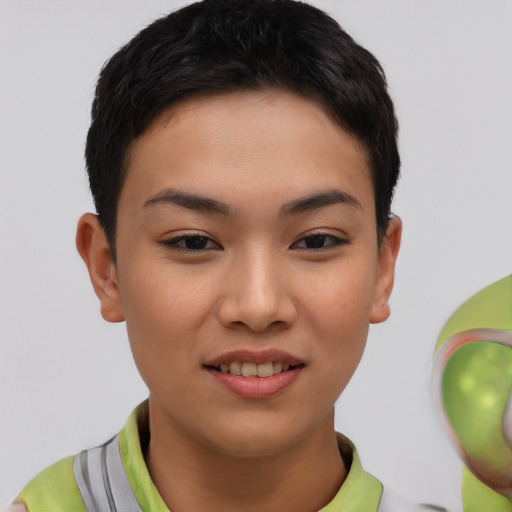 Joyful asian young-adult female with short  brown hair and brown eyes