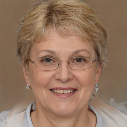 Joyful white middle-aged female with short  brown hair and brown eyes