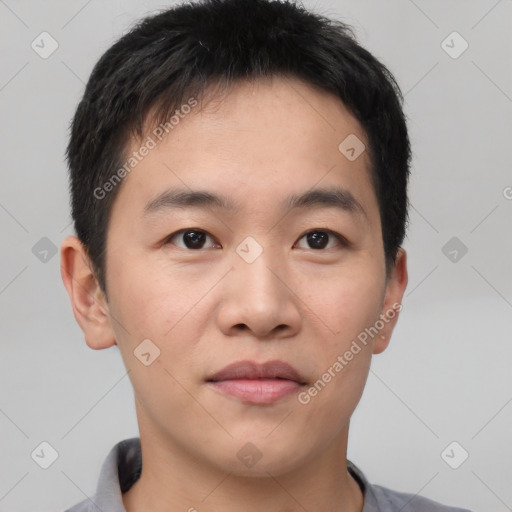 Neutral asian young-adult male with short  brown hair and brown eyes