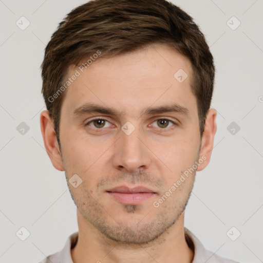 Neutral white young-adult male with short  brown hair and brown eyes