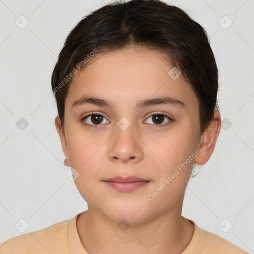 Neutral white young-adult female with short  brown hair and brown eyes