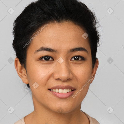 Joyful asian young-adult female with short  brown hair and brown eyes