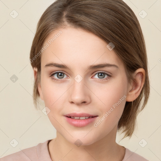 Joyful white young-adult female with medium  brown hair and grey eyes