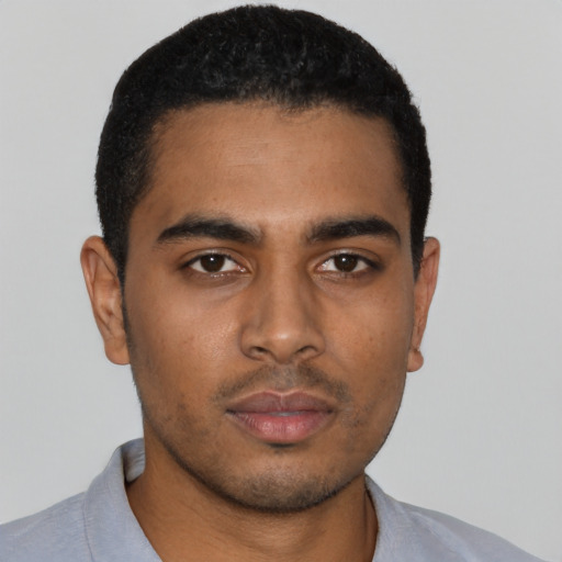 Neutral black young-adult male with short  black hair and brown eyes