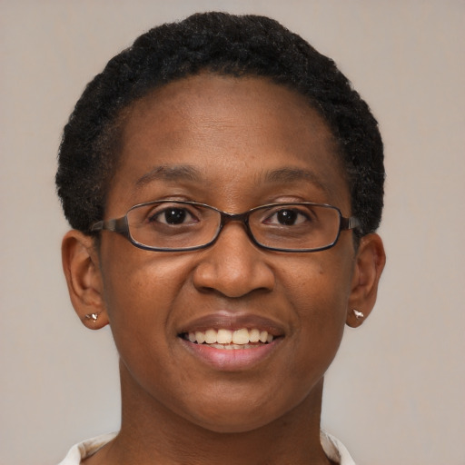 Joyful black adult female with short  brown hair and brown eyes