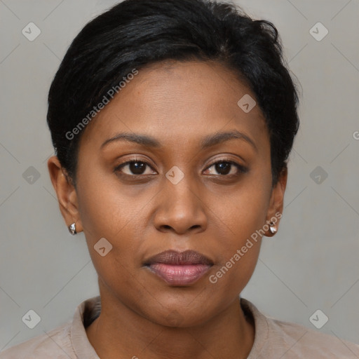 Joyful black young-adult female with short  brown hair and brown eyes