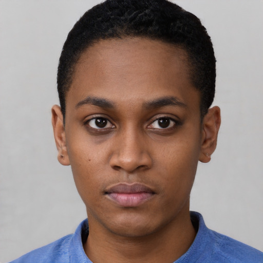 Neutral black young-adult male with short  black hair and brown eyes
