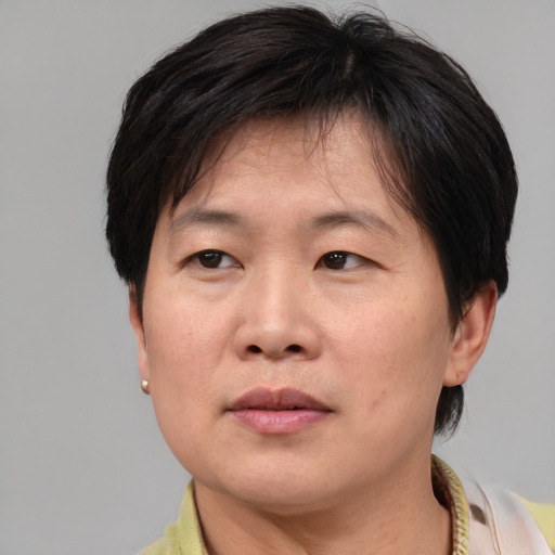 Neutral asian adult female with medium  brown hair and brown eyes