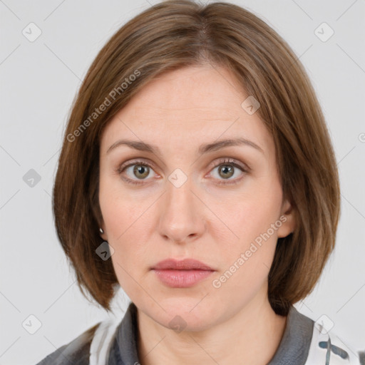 Neutral white young-adult female with medium  brown hair and grey eyes