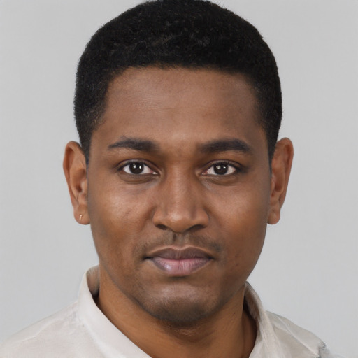 Neutral black young-adult male with short  black hair and brown eyes