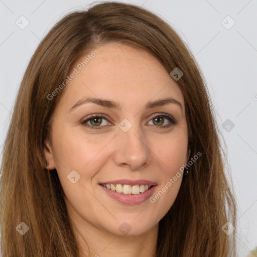 Joyful white young-adult female with long  brown hair and brown eyes