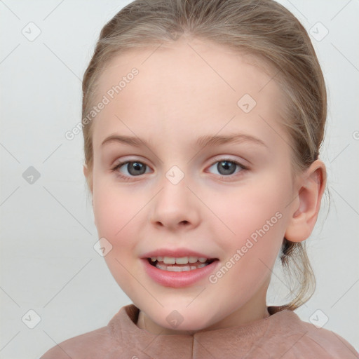 Joyful white child female with medium  brown hair and blue eyes