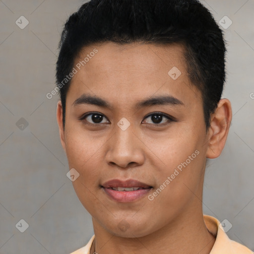 Joyful latino young-adult female with short  black hair and brown eyes