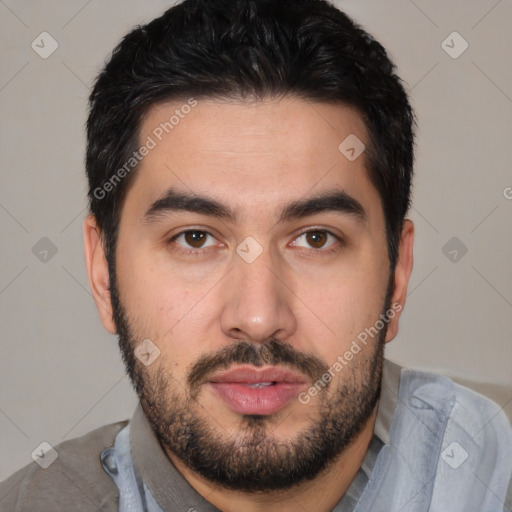 Neutral white young-adult male with short  black hair and brown eyes