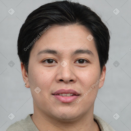 Joyful asian young-adult male with short  brown hair and brown eyes