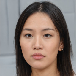 Neutral asian young-adult female with long  brown hair and brown eyes