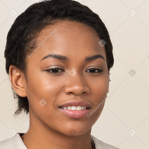 Joyful latino young-adult female with short  black hair and brown eyes