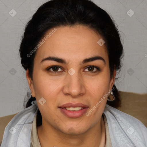 Joyful white young-adult female with medium  brown hair and brown eyes