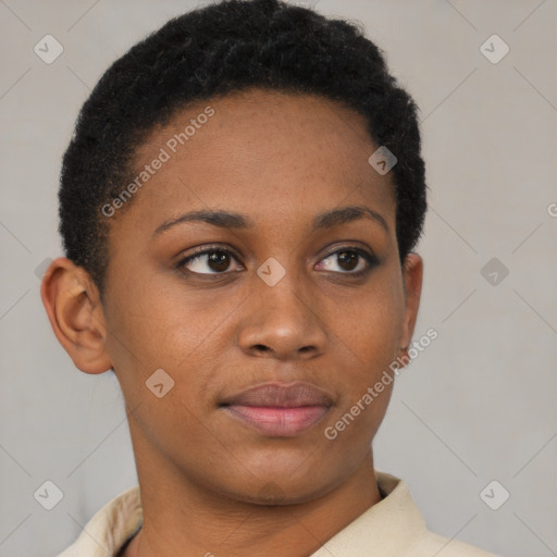 Neutral black young-adult female with short  brown hair and brown eyes