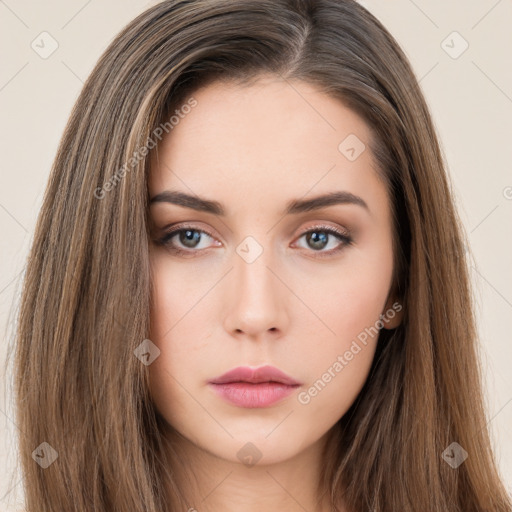 Neutral white young-adult female with long  brown hair and brown eyes