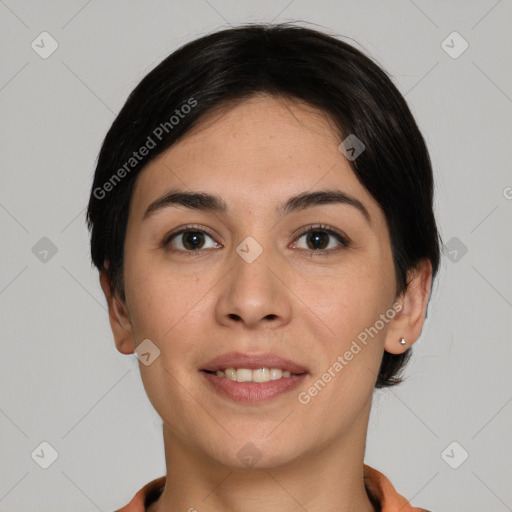 Joyful white young-adult female with short  brown hair and brown eyes