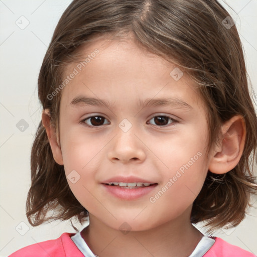 Joyful white child female with medium  brown hair and brown eyes