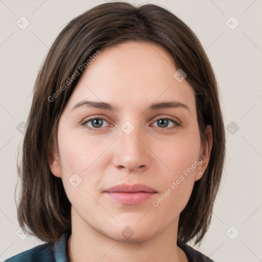 Neutral white young-adult female with medium  brown hair and grey eyes