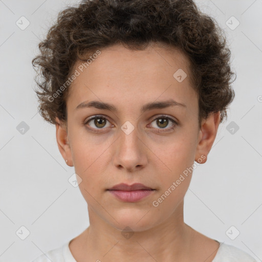 Neutral white young-adult female with short  brown hair and brown eyes