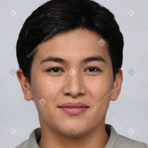 Joyful asian young-adult male with short  brown hair and brown eyes