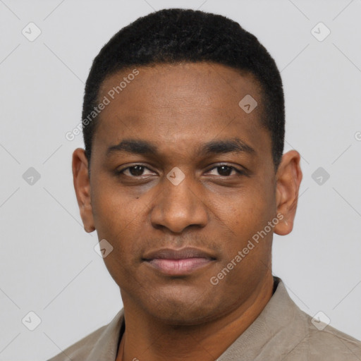 Neutral black young-adult male with short  black hair and brown eyes