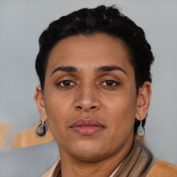 Neutral latino young-adult female with short  brown hair and brown eyes