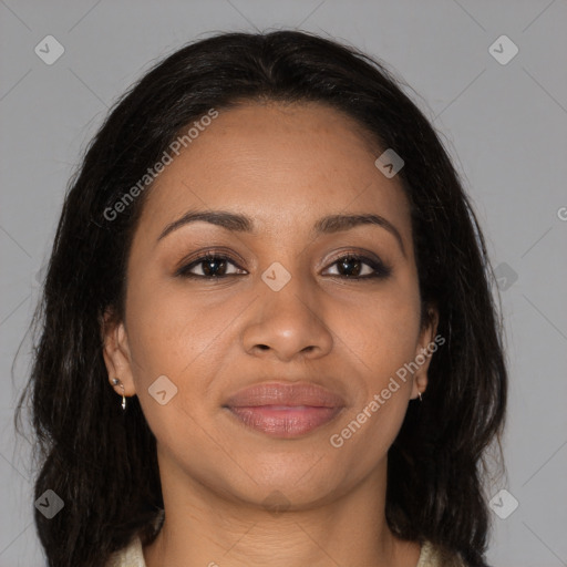 Joyful latino young-adult female with medium  brown hair and brown eyes