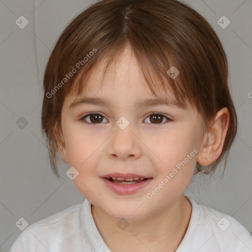 Joyful white child female with medium  brown hair and brown eyes