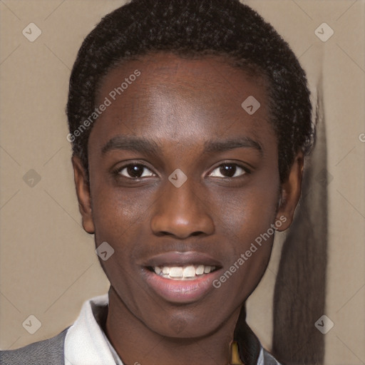 Joyful black young-adult male with short  brown hair and brown eyes