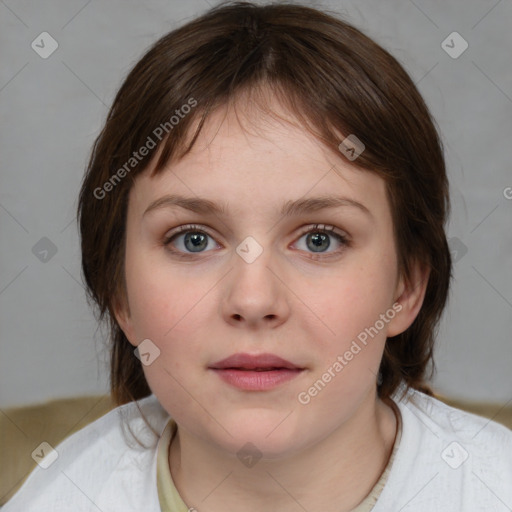 Neutral white young-adult female with medium  brown hair and brown eyes