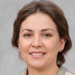 Joyful white adult female with medium  brown hair and grey eyes