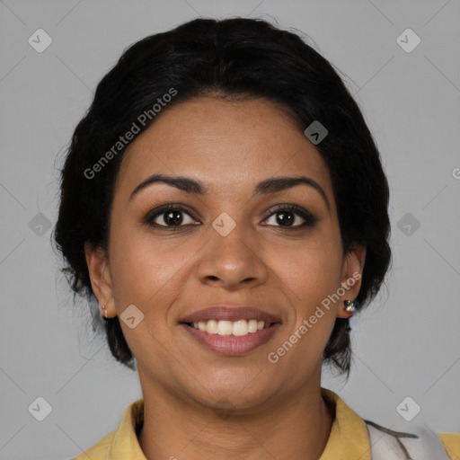 Joyful latino young-adult female with medium  black hair and brown eyes