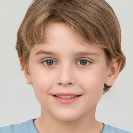 Joyful white child female with short  brown hair and brown eyes