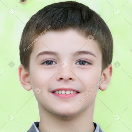 Joyful white child male with short  brown hair and brown eyes