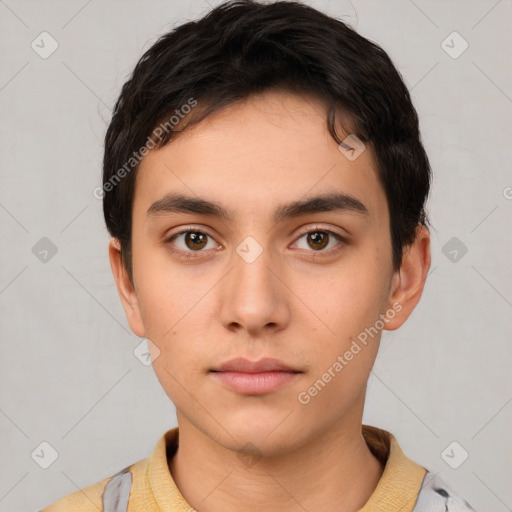 Neutral white young-adult male with short  brown hair and brown eyes