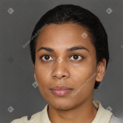 Neutral black young-adult female with short  black hair and brown eyes