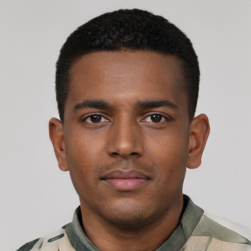 Neutral black young-adult male with short  black hair and brown eyes