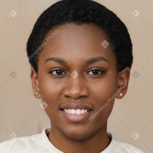 Joyful latino young-adult female with short  black hair and brown eyes