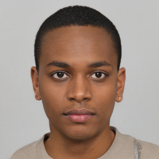 Neutral black young-adult male with short  black hair and brown eyes